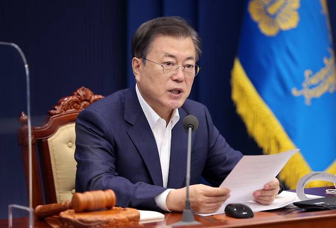 President Moon Jae-in speaks during a State Council Meeting at the Blue House on Tuesday. (Yonhap)