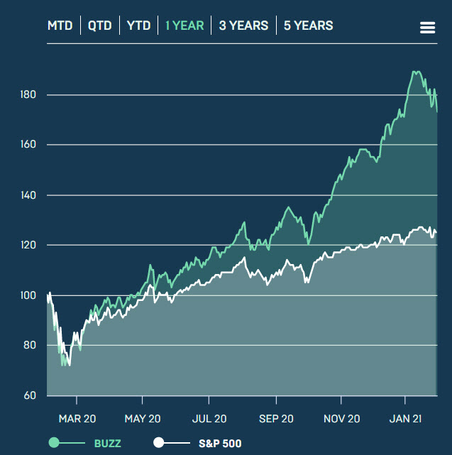 최근 1년간 BUZZ 넥스트젠 AI U.S. 센티멘트 리더스 인덱스와 S&P500 지수의 상승률을 비교한 차트.(사진=인베스트위드버즈닷컴 캡쳐)