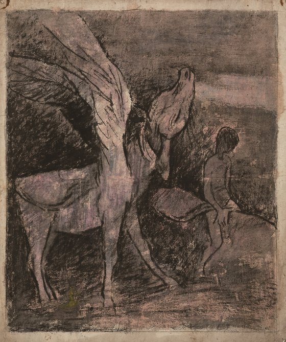 소와 아이들을 집중적으로 그린 화가 진환의 '날개 달린 소와 소년'(1940년대). [사진 국립현대미술관]