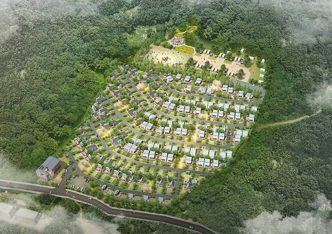 테라비트 산음리 부지 조감도. 1만2000여평에 150여세대가 입주하게 된다. 주차시설과 공유공간을 여유있게 조성해 활기찬 커뮤니티 생활을 지원한다.