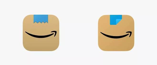 아마존이 지난 1월 처음 출시한 신규 앱 아이콘(왼쪽)과 이달 수정해 재출시한 아이콘(오른쪽) /사진=트위터