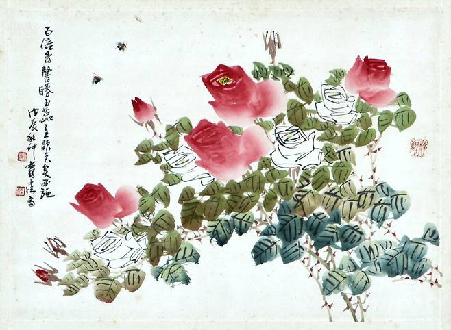 청당 김명제, 장미 (薔薇), 40×57.4cm, 종이에 수묵담채