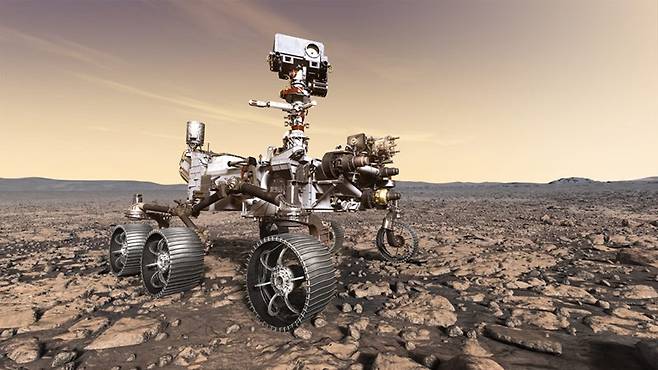 화성 땅 위에서 탐사 중인 퍼서비어런스의 가상 이미지