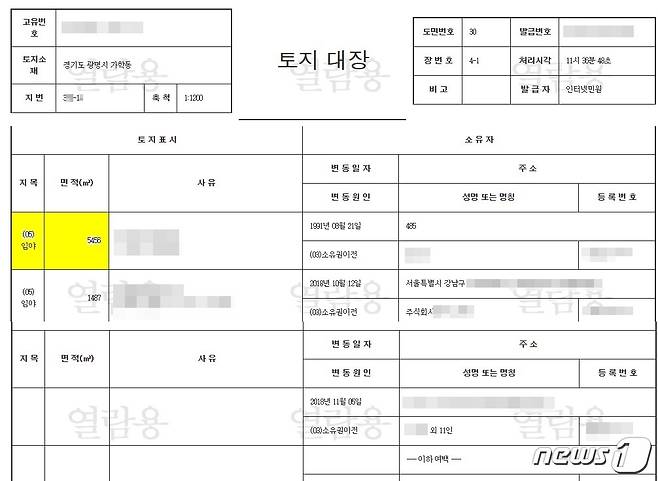 광명·시흥지구 신도시 내 '기획부동산'으로 의심되는 한 필지의 토지대장. © 뉴스1