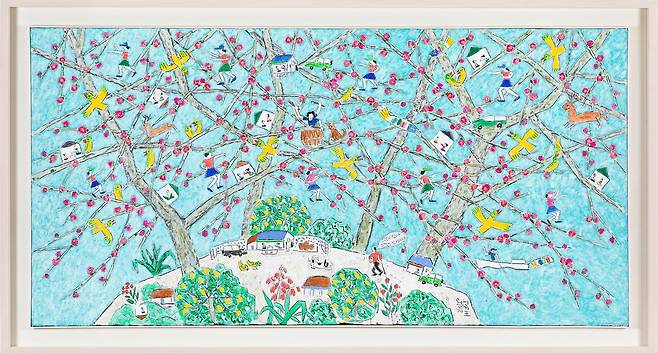 이왈종, '제주생활의 중도', 2020, 장지에 혼합 재료 99.8x199.5cm [가나아트 제공. 재판매 및 DB 금지]