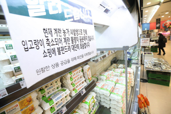 지난 1일 서울 시내 한 마트 달걀 판매대에 물량 부족 안내문이 붙어있다.(사진=연합뉴스)