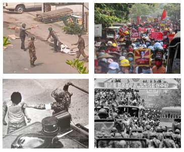 Photos taken from Myanmar's anti-coup protests in March (top) and the Gwangju civil uprising in 1980 in Korea (bottom). (Reuters-Yonhap, Yonhap)