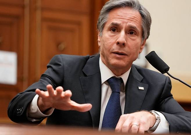 US Secretary of State Antony Blinken testifies before the House Committee on Foreign Affairs in Washington. (AFP-Yonhap)