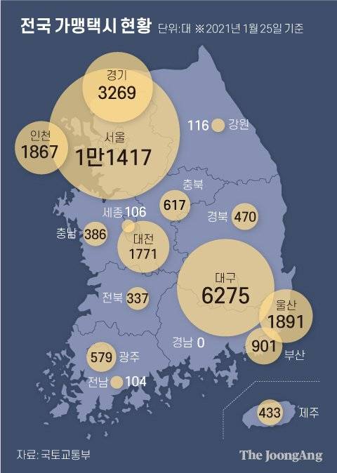 전국 가맹택시 현황. 그래픽=차준홍 기자 cha.junhong@joongang.co.kr