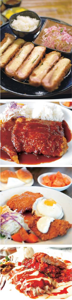 돈가스는 어느 식당이나 비슷비슷한 것처럼 느껴지는 메뉴라서 그런지 이름난 맛집은 저마다 다른 ‘포인트’를 갖고 있다. 위 사진부터 서울 마포구 ‘혼가츠’의 치즈돈가스. 서울 예장동 ‘남산왕돈까스’의 등심돈가스. 서울 삼전동 ‘돈까스의집’의 돈가스. ‘요리소녀 파스타앤슈니첼’의 슈니첼.