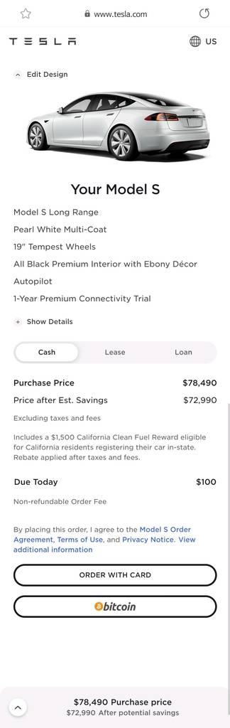 비트코인 결제 항목이 추가된 테슬라 홈페이지. [테슬라 홈페이지 갈무리=연합뉴스]