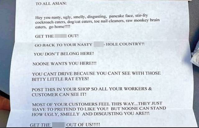 아시아계가 운영하는 네일숍에 배달된 증오 편지. 인스타그램 캡쳐