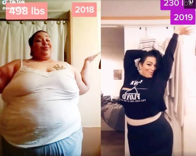 왼쪽은 2018년 당시 몸무게 약 230kg에 달했던 이블린의 모습, 오른쪽은 다이어트 과정 중이던 2019년 당시 모습.