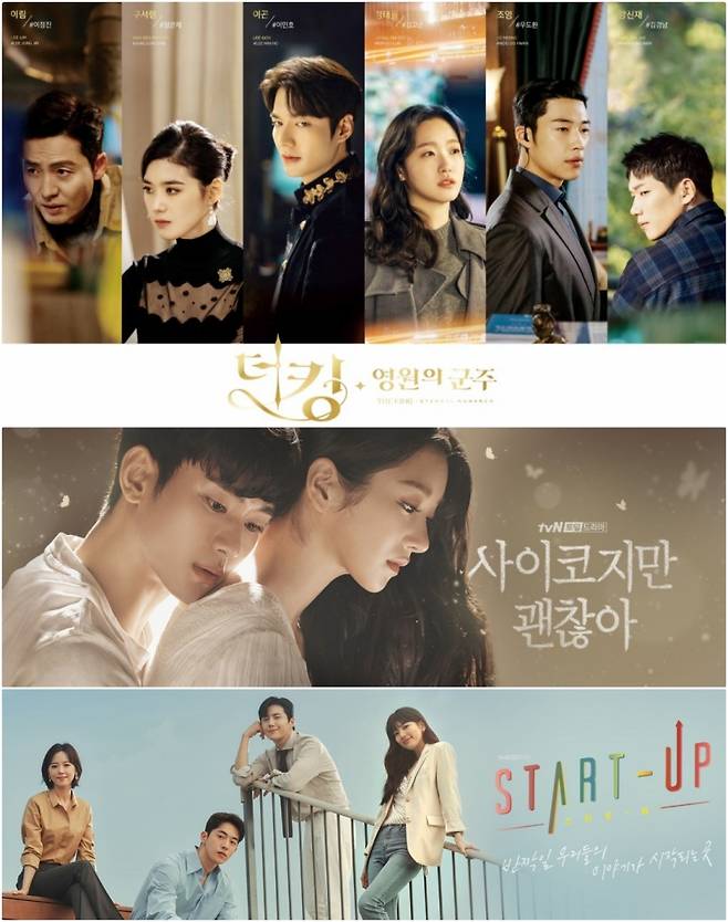 ▲넷플릭스를 통해 인도에 공개된 한국 드라마들. 위부터 '더킹: 영원의 군주', '사이코지만 괜찮아', '스타트업'. 사진=SBS, tvN, JTBC