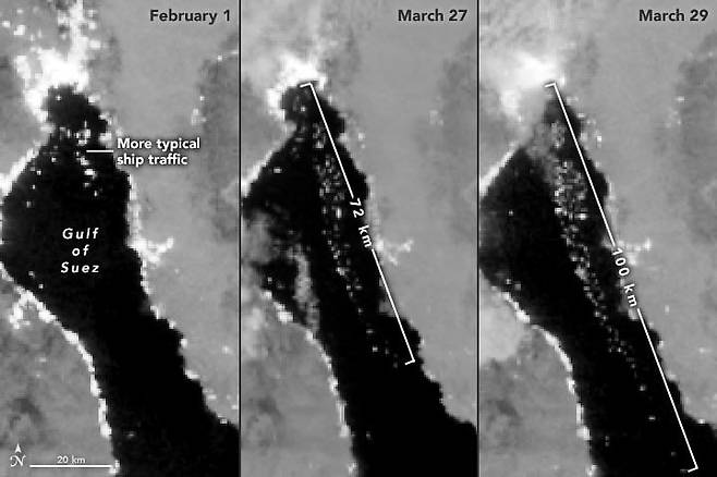 수오미 NPP 위성이 촬영한 수에즈 운하의 모습. 사진 좌측부터 2월 1일, 3월 27일, 3월 29일의 모습이다.