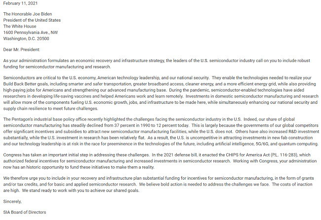 2월 11일 인텔, 퀄컴, AMD, 엔비디아 등 미국 주요 21개 CEO들이 공동 서명으로 미국 조 바이든 대통령에게 ‘반도체 제조 및 연구 우선 순위를 촉구한다’는 내용의 편지를 보냈다.(사진=SIA)