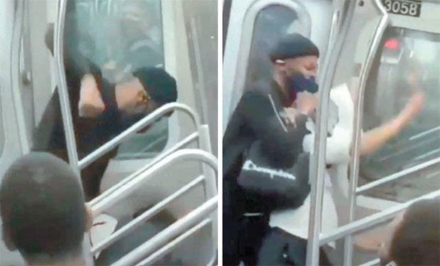 지난달 29일 공개된 영상 일부. 미국 뉴욕의 지하철에서 모자를 쓴 흑인 남성이 아시아계 남성을 무차별 폭행했다. 흑인 남성이 목을 조르고 벽으로 밀치자 아시아계 남성은 결국 기절했다. 옆에 있던 시민들은 제지하지 않고 지켜보기만 했다.