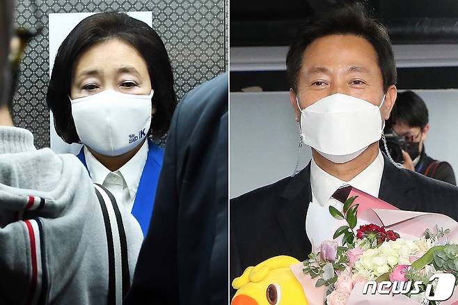 박영선 더불어민주당 서울시장 후보(왼쪽)와 오세훈 국민의힘 서울시장 후보가 7일 밤과 8일 새벽 각각 서울 종로구 선거사무소와 여의도 중앙당사에서 방송3사 출구조사 결과 발표에 이어 개표가 진행됨에 따라 상반된 표정을 짓고 있다. 2021.4.8/뉴스1 © News1 박세연 기자,안은나 기자