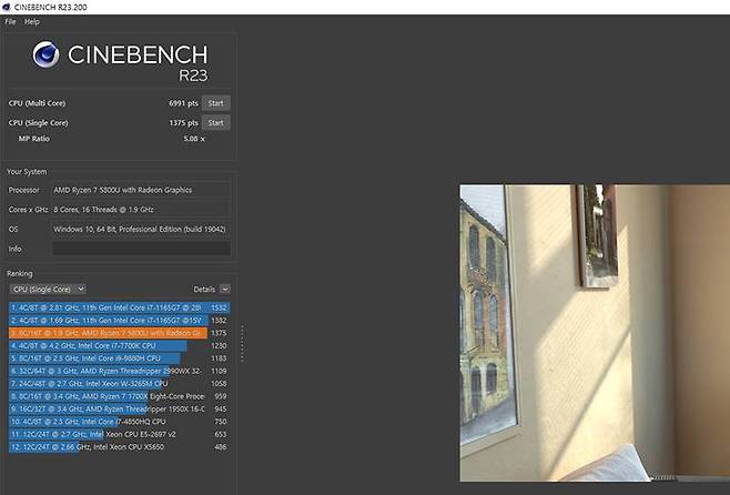 AMD 라이젠 7 5800U의 시네벤치 R23 결과, 단일 코어 1,375점, 다중 코어 6,991점이다. 출처=IT동아