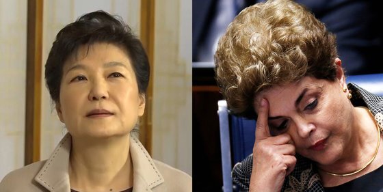 브라질과 한국, 두 나라 모두 사상 첫 여성 대통령이 탄핵당한 공통점이 있다. 사진 중앙포토(왼쪽), 로이터=연합뉴스(오른쪽)