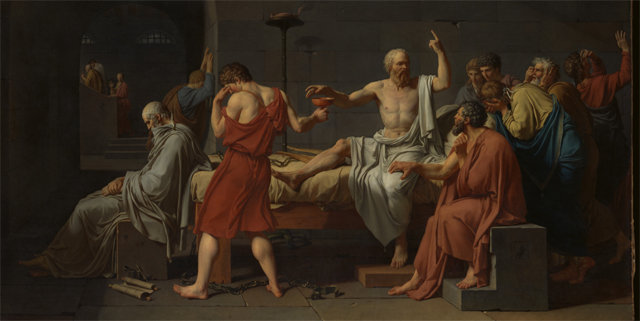 소크라테스가 독배를 받는 모습은 자크루이 다비드가 그린 ‘소크라테스의 죽음’(1787년)이라는 그림으로 익숙하다. 그의 왼쪽 허벅지에 오른손을 올리고 있는 사람이 크리톤. 뉴욕 메트로폴리탄 미술관 소장