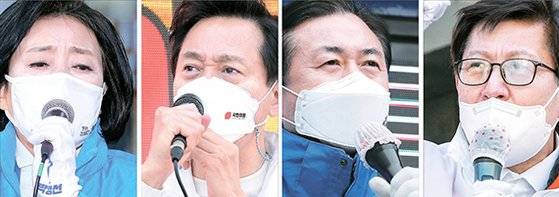 서울·부산시장을 비롯한 지방자치단체장 4명과 지방의원 17명을 뽑는 재·보궐 선거가 오늘(7일) 오전 6시부터 오후 8시까지 치러진다. 왼쪽부터 서울 박영선 더불어민주당, 오세훈 국민의힘 후보와 부산 김영춘 더불어민주당, 박형준 국민의힘 후보. 오종택 기자, [부산=연합뉴스·뉴스1]