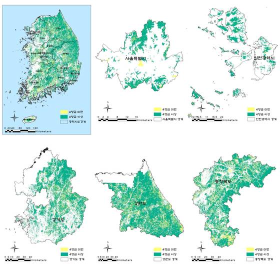 4영급 이상 및 미만 산림. 수치임상도에 기반한 분석결과로 공식 통계와는 다를 수 있음. (자료: 국립산림과학원)
