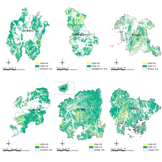 4영급 이상 및 미만 산림. 수치임상도에 기반한 분석결과로 공식 통계와는 다를 수 있음. (자료: 국립산림과학원)