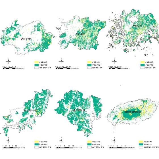 4영급 이상 및 미만 산림. 수치임상도에 기반한 분석결과로 공식 통계와는 다를 수 있음. (자료: 국립산림과학원)