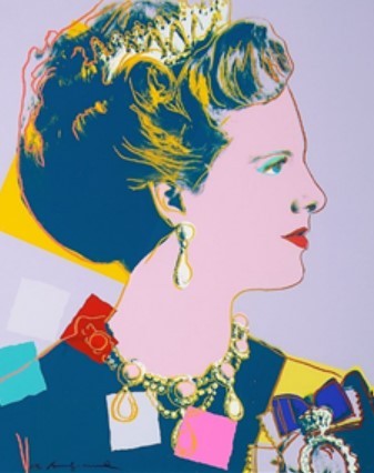 A portrait of Queen Margrethe II of Denmark by Andy Warhol, part of his “Reigning Queens” series (Yeasung Gallery)