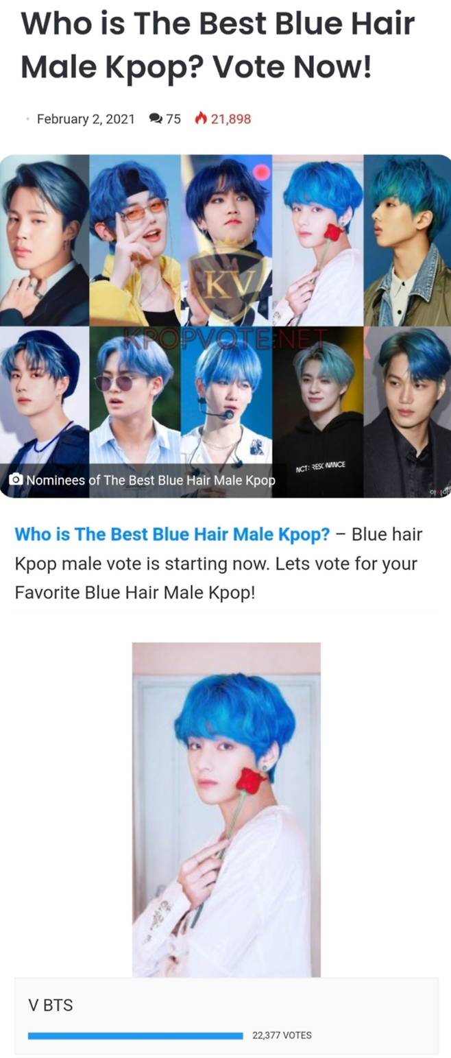 방탄소년단 뷔, 파란 머리가 어울리는 아이돌 1위-거꾸로 쓴 볼캡이 어울리는 아이돌 1위..헤어스타일 투표 '싹쓸이'