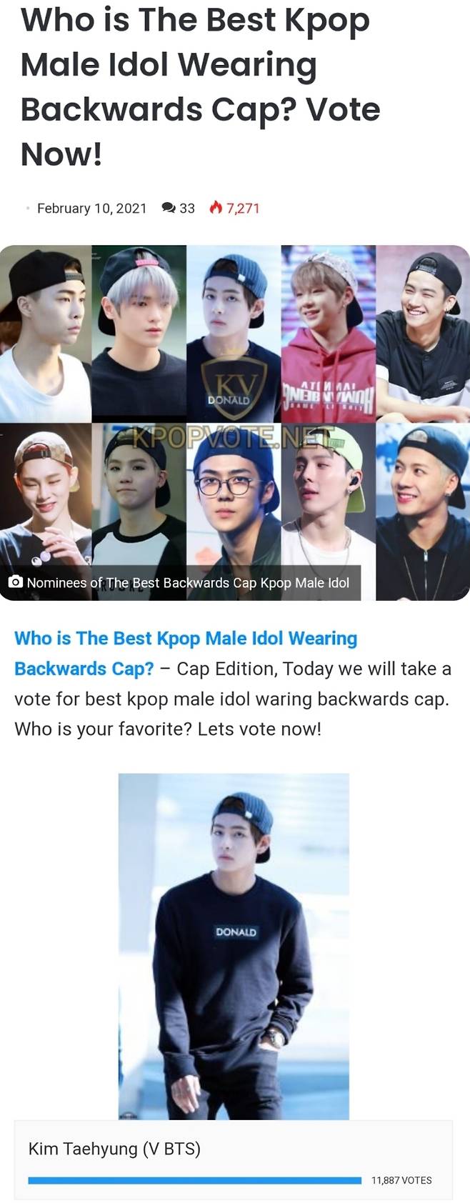 방탄소년단 뷔, 파란 머리가 어울리는 아이돌 1위-거꾸로 쓴 볼캡이 어울리는 아이돌 1위..헤어스타일 투표 '싹쓸이'