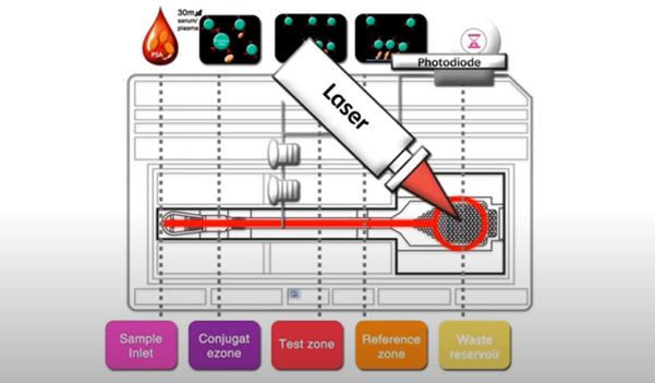 나노엔텍 진단키트의 원리. 빨간색 통로를 따라 검체 용액이 통과하면서 화학반응을 한 끝에, 도착 지점(원 표시)에서 바이러스 유무에 따른 결과가 나온다. /나노엔텍 제공
