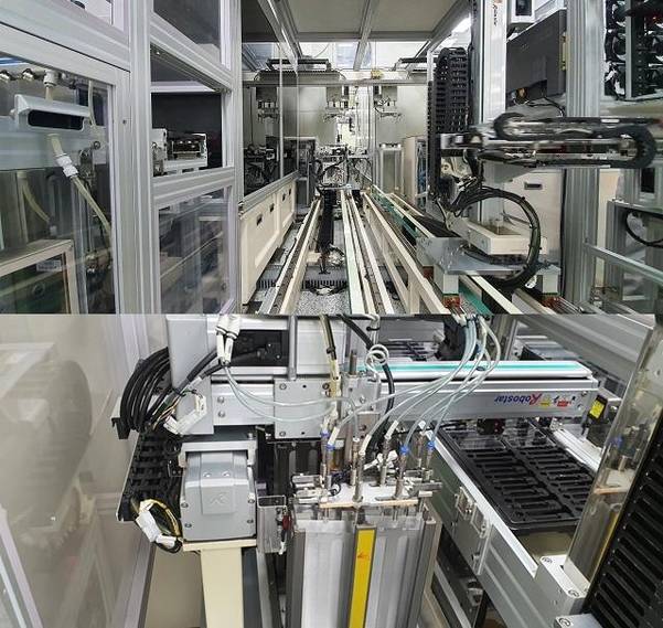 하판에 시약을 코팅하는 30m 길이의 라인(왼쪽)과 일부를 확대 촬영한 모습(오른쪽). 기계가 하판을 한 장씩 집어 움직이는 레일 위에 올려놓는다. /김윤수 기자