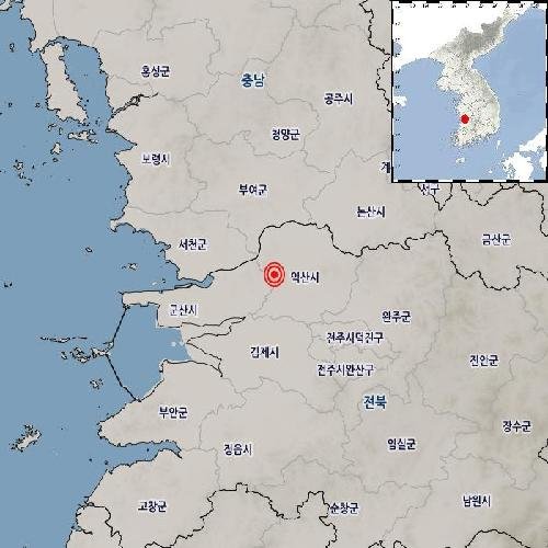 13일 오후 9시 56분 15초 전북 익산시 북북서쪽 9km 지역에서 규모 2.0의 지진이 발생했다고 기상청이 밝혔다. [기상청 제공]