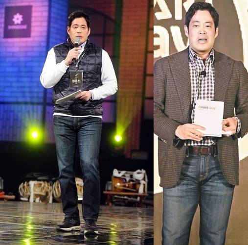 왼쪽부터 2015년 강원도 속초 신세계 영랑호 리조트에서 입사 1년을 맞은 대졸 신입사원들에게 격려의 말을 전하는 정용진 부회장·2011년 서울 성수동 이마트 본사에서 '이마트 웨이'에 대해 설명하고 있는 정용진 부회장