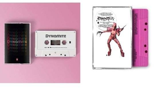 BTS의 다이너마이트 카세트테이프(왼쪽)와 레이디 가가의 크로마티카 카세트테이프. 사진 아마존