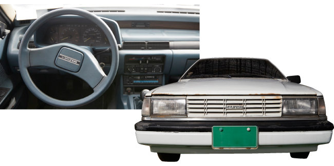 올드카 수집가 임형성 씨의 첫 차 1983년산 ‘스텔라’ 운전석과 외관. 임씨는 이 차를 소장하기로 하면서 자동차 수집을 시작했다.