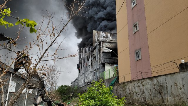 [대구=뉴시스]이은혜 기자 = 15일 오전 대구시 북구 침산동 침산공원 인근의 한 식품 공장에서 불이 나 1시간 19분 만에 진화됐다. 2021.04.15. (사진=대구소방안전본부 제공) photo@newsis.com  *재판매 및 DB 금지