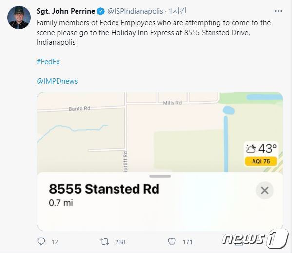 인디애나폴리스 경찰은 15일(현지시간) 페덱스 물류창고 총격 사건 뒤 고속도로를 폐쇄했다고 트위터를 통해 밝혔다. © 뉴스1