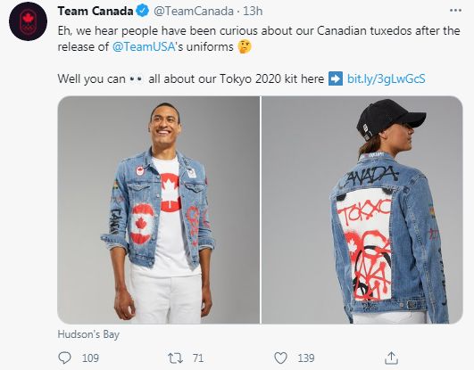 사람들이 캐나다의 폐막식 유니폼을 궁금해 하자 캐나다 유니폼이 올라왔다. 팀 캐나다 트위터 계정