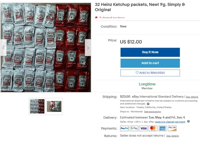 미국 중고거래 사이트에서 낱개 포장된 일회용 케첩이 인기리에 거래되고 있다. 뉴스1