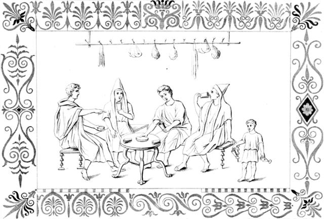 고대 이탈리아 폼페이의 한 주점 풍경. 네 남자가 탁자에 둘러앉아 종업원의 시중을 받으며 술을 마시고 있다. 남자들 머리 위로 가공육 등 음식들이 걸려 있다. 글항아리 제공