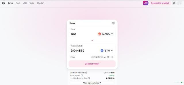 암호화폐 간 거래 프로토콜 유니스왑 홈페이지의 환전계산기. 100마나를 이더리움으로 바꾸는 설정이다.