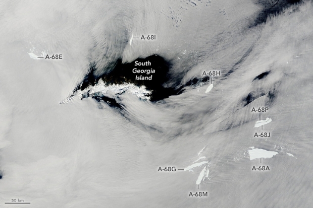 지난 2월 미 테라 위성으로 촬영한 A-68a 등등의 빙산 모습. 사진=NASA