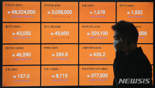 [서울=뉴시스]조수정 기자 =22일 오전  서울 강남구 암호화폐 거래소 빗썸 강남고객센터에서 전광판에 비트코인과 이더리움 등 거래가격이 표시되고 있다. 2021.04.22. chocrystal@newsis.com