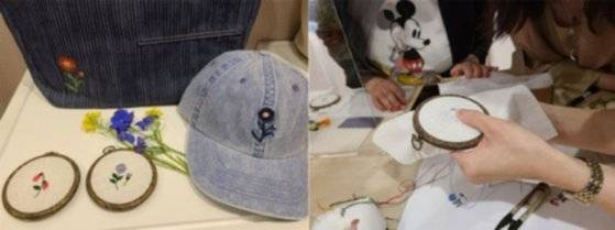 디자이너 조나단 앤더슨이 유니클로와 협업한 가방과 모자(왼쪽)와 꽃 문양을 직접 프랑스 자수로 시현하는 모습. 이소아 기자