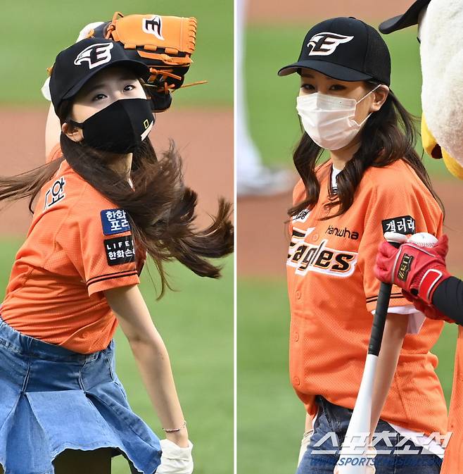 경기 전 미스트롯2의 김다현과 김의영이 한화 이글스의 오렌지 유니폼을 입고 시구와 시타를 펼쳤다.[대전=허상욱 기자]