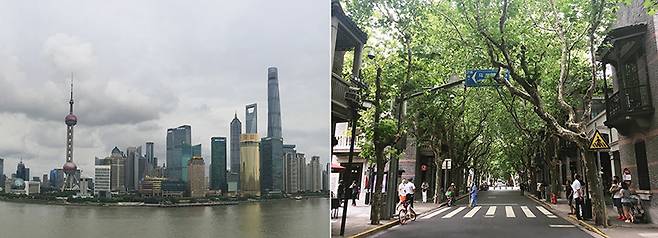 와이탄 강변에서 바라본 푸둥 신구 전경(왼쪽). 오른쪽은 신티엔디 거리 모습이다. /사진=송경은 기자