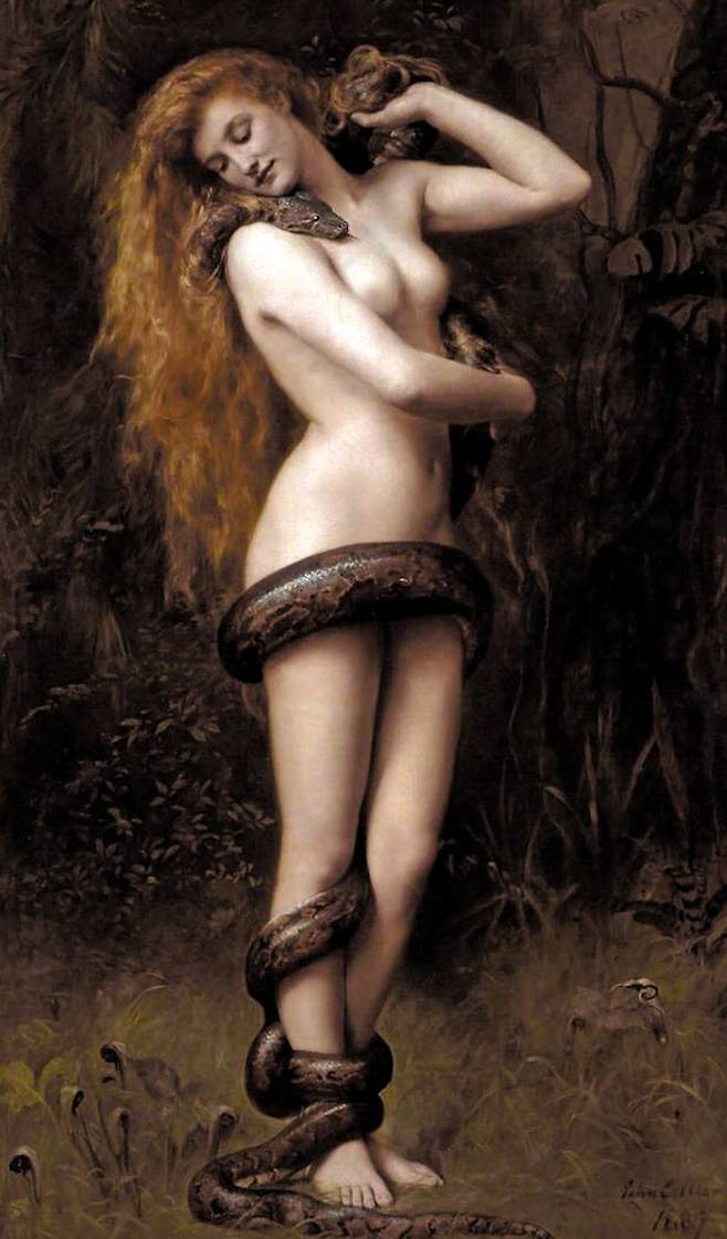 19세기 英화가 존 콜리어의 '릴리트' - '릴리트'는 유대 신화에서 남자 '아담'과 동시에 창조된, '이브'보다 앞선 첫 번째 여인으로 전해진다. 유대교 신비주의자들이 창세기 1장과 2장의 모순을 없애려 고안한 해석으로도, 가나안에서 숭배받던 다산의 여신을 차용한 것으로도 여겨진다. 1970년대 유대 페미니즘 운동이 일어나며, '릴리트'는 남성과 신에 맞서 자신의 권리를 위해 투쟁한 최초의 여성으로 재조명받았다. 존 콜리어, ‘릴리트’(1889), 영국 사우스포트 앳킨슨 아트갤러리 소장. /위키피디아